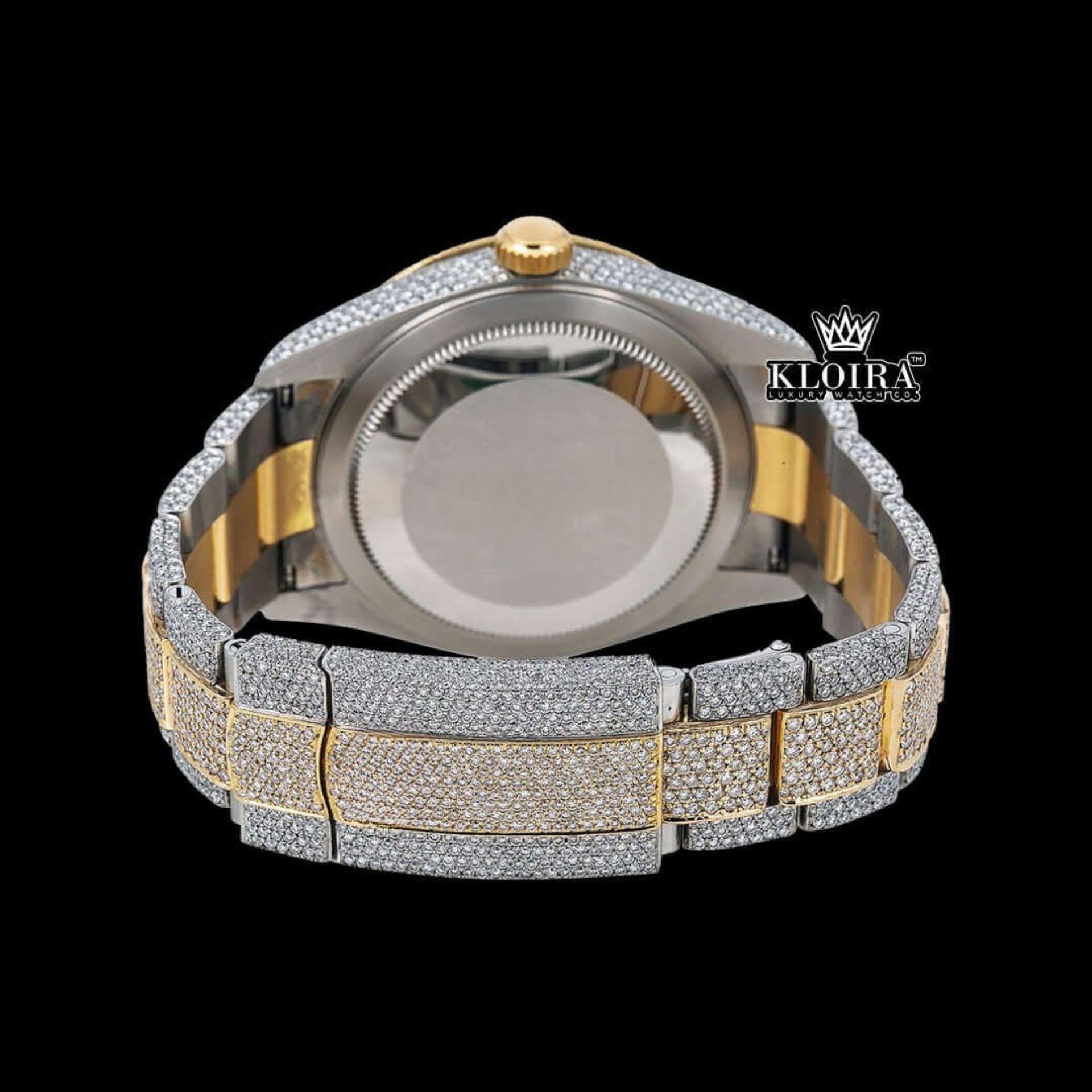 White Stick Markers Dual Time Dial Two Tone Iced Out Moissanite Watch Caseback View