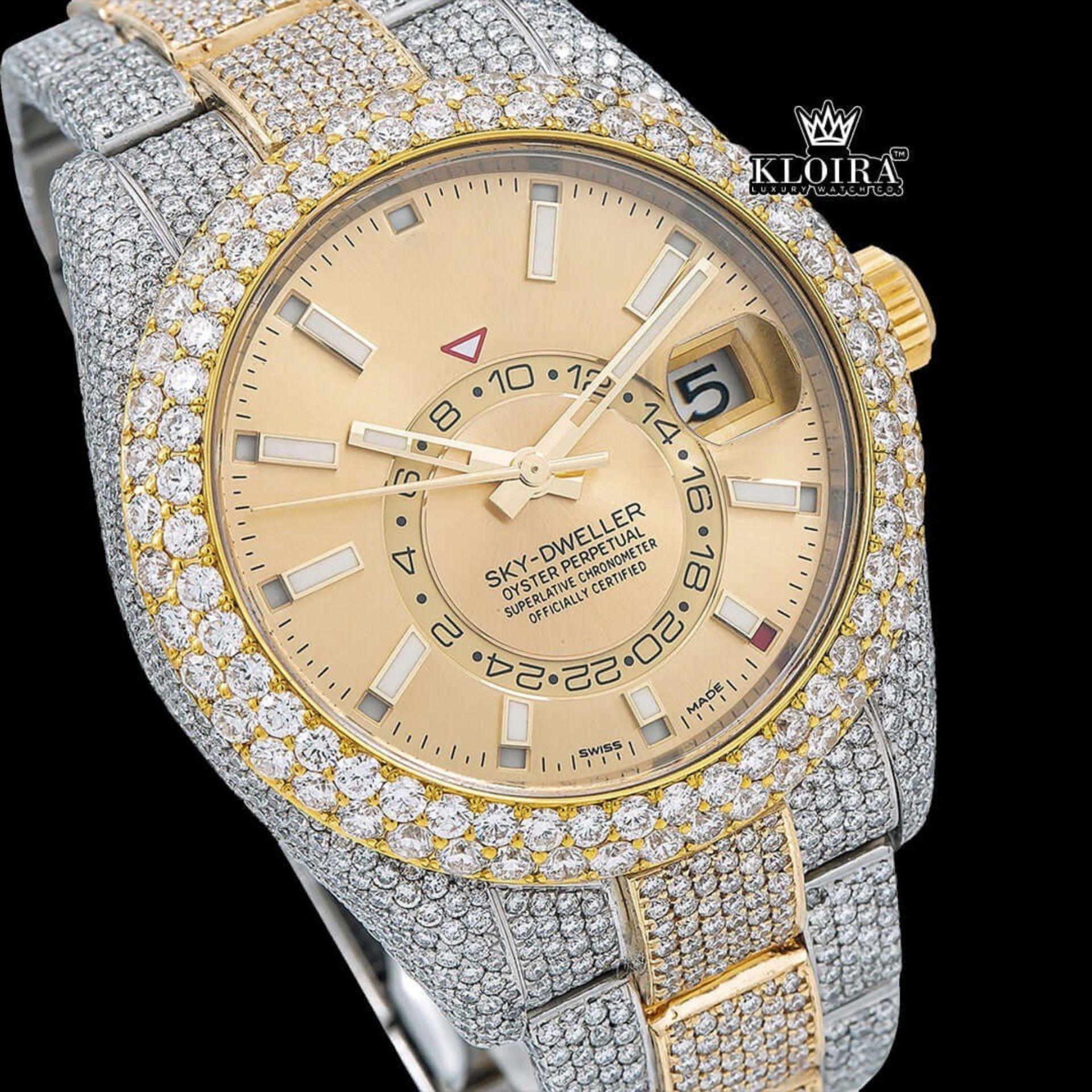 White Stick Markers Dual Time Dial Two Tone Iced Out Moissanite Watch Close Up Dial View