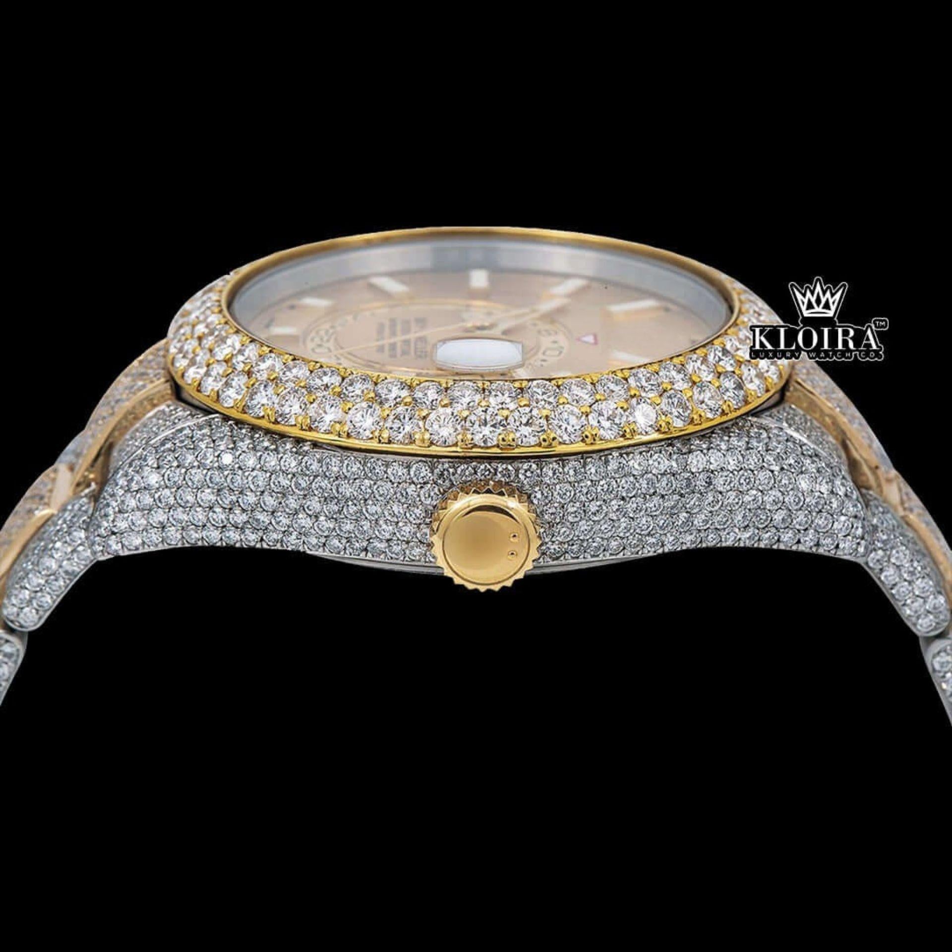 White Stick Markers Dual Time Dial Two Tone Iced Out Moissanite Watch Crown View