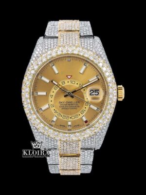 White Stick Markers Dual Time Dial Two Tone Iced Out Moissanite Watch