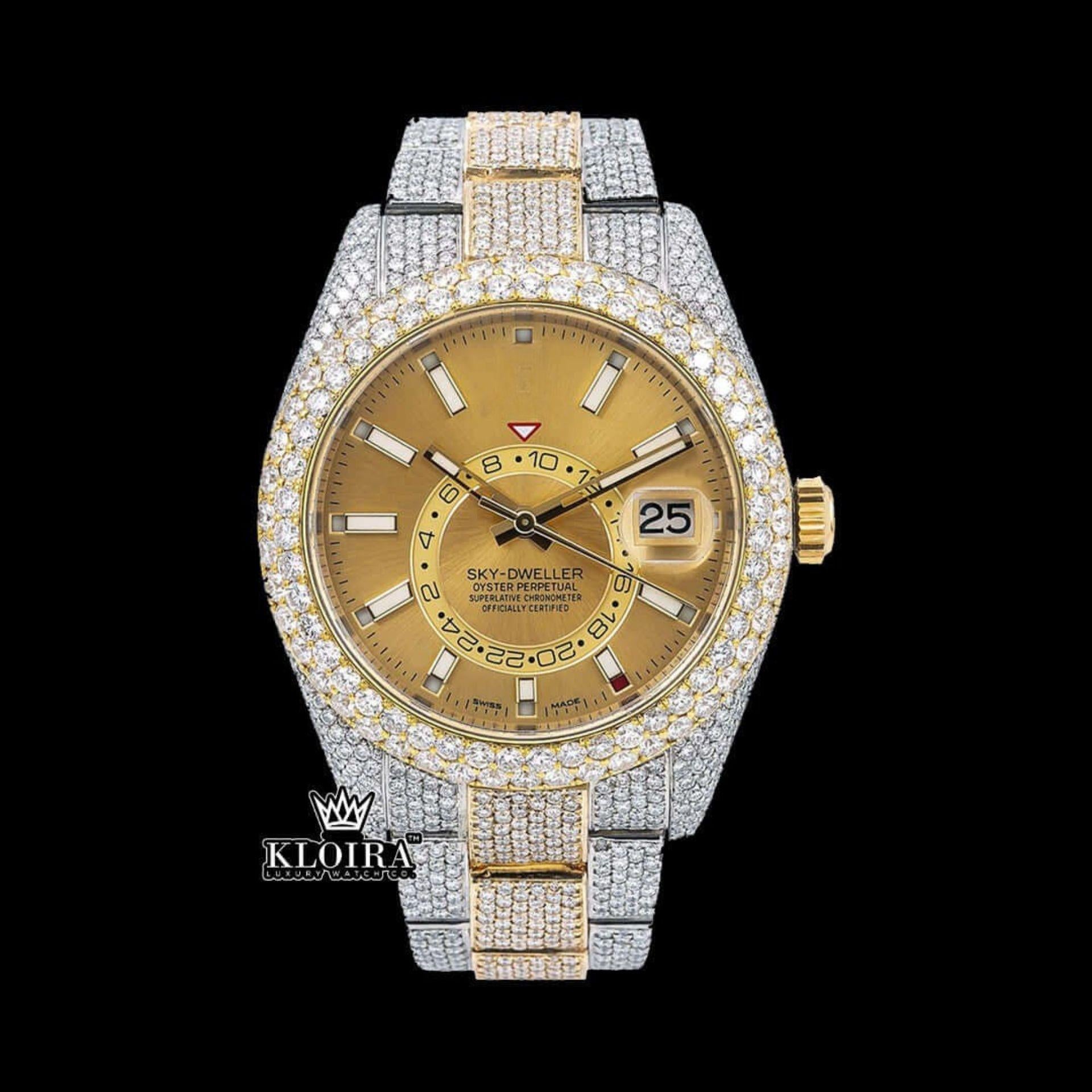 White Stick Markers Dual Time Dial Two Tone Iced Out Moissanite Watch Front View