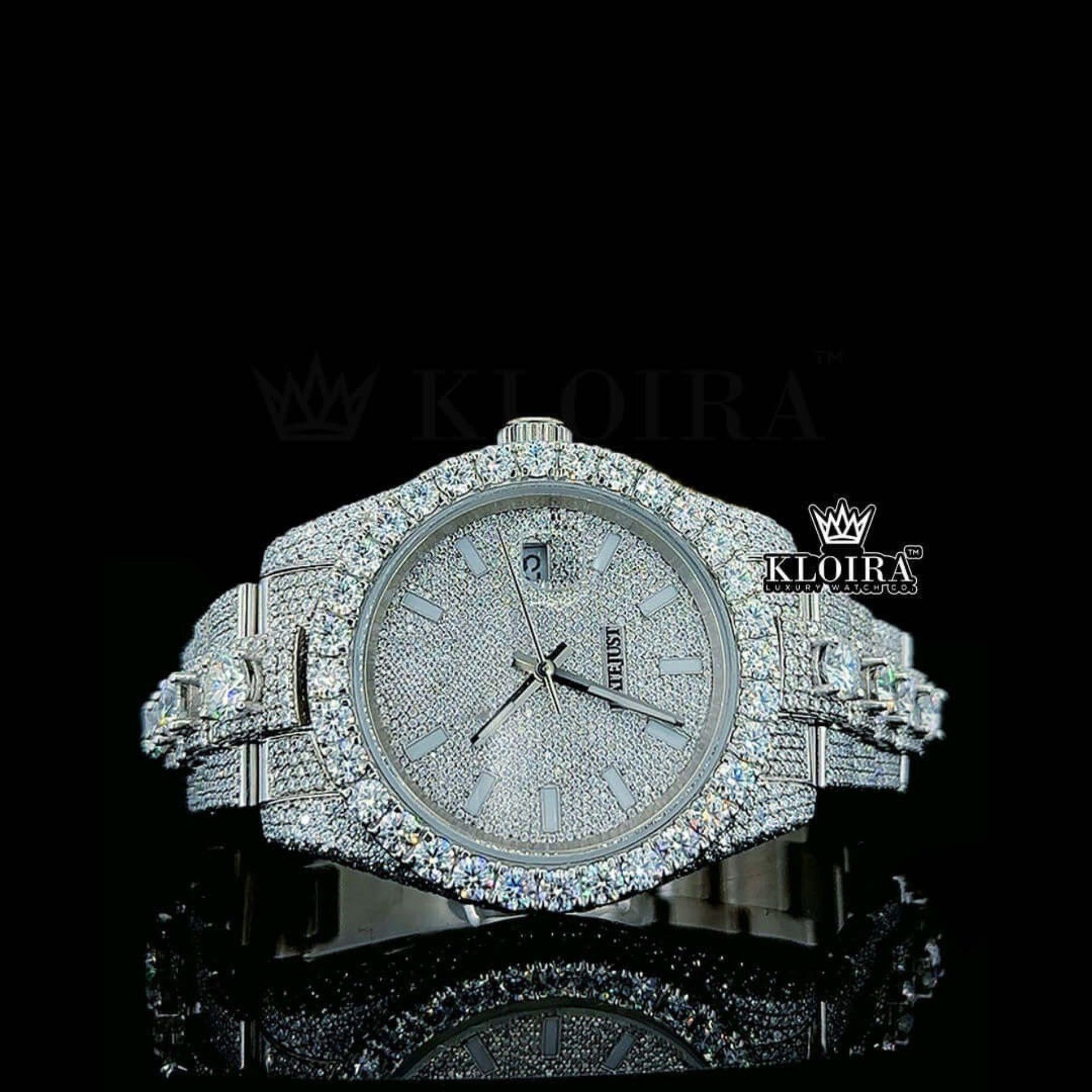 White Stick Markers White Dial Fully Iced Moissanite Diamond Watch Front View