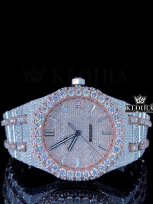 Women AP Rose Gold Dial Two Tone Fully Iced Out Moissanite Watch