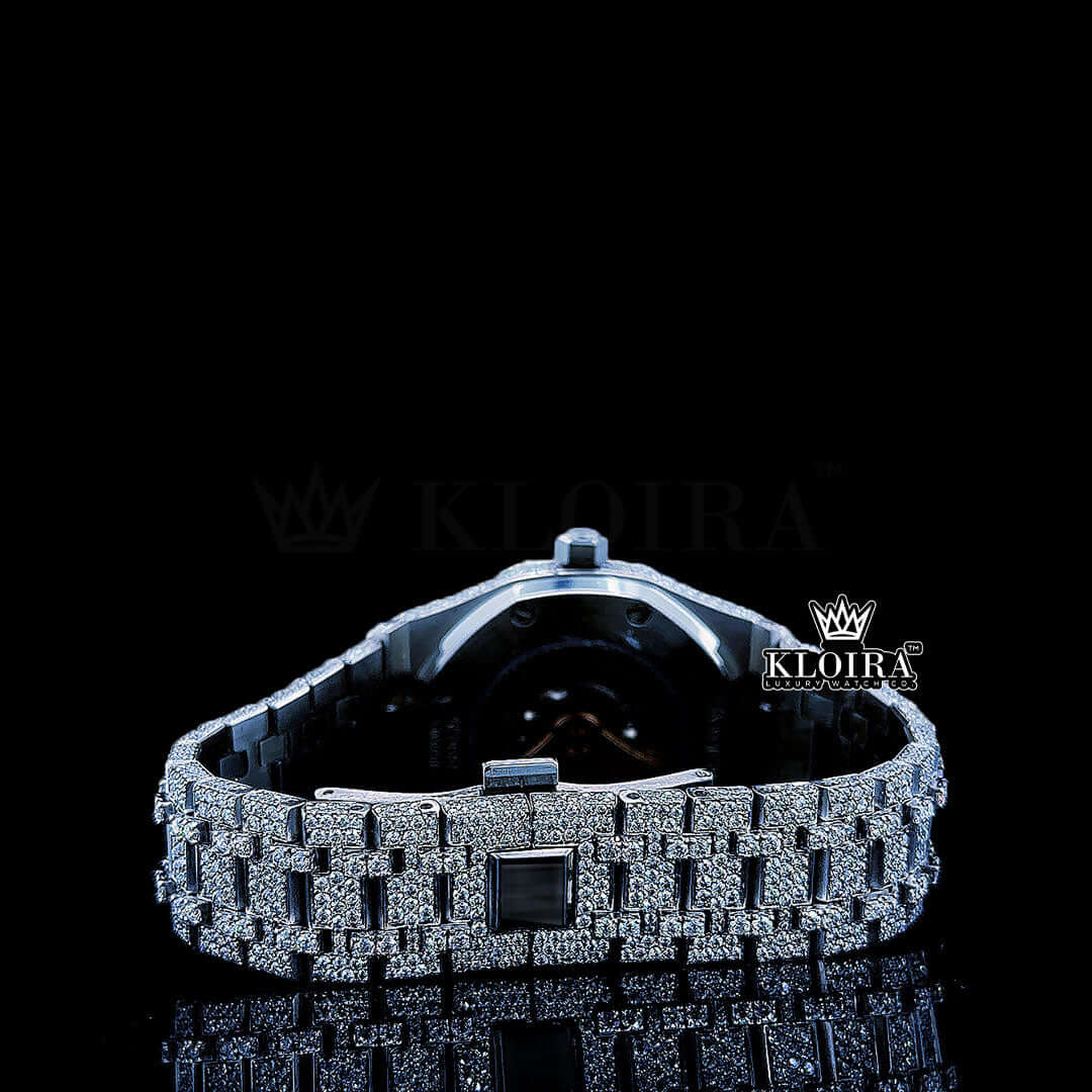 Women Blue Arabic Dial Fully Iced Out Moissanite Diamond Watch Caseback View