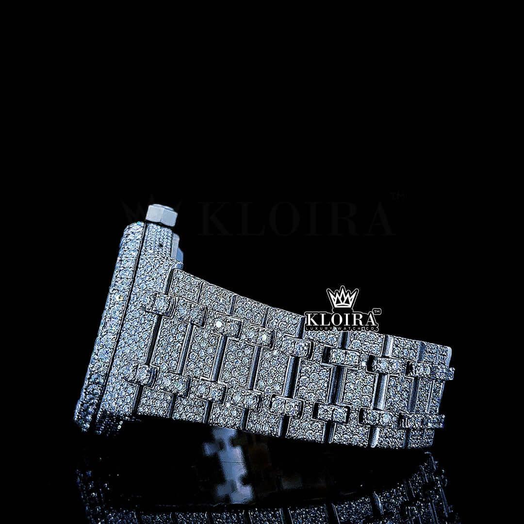 Women Blue Arabic Dial Fully Iced Out Moissanite Diamond Watch Left Side Bracelet View
