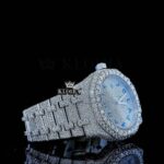 Women Blue Arabic Dial Fully Iced Out Moissanite Diamond Watch Right Profile View