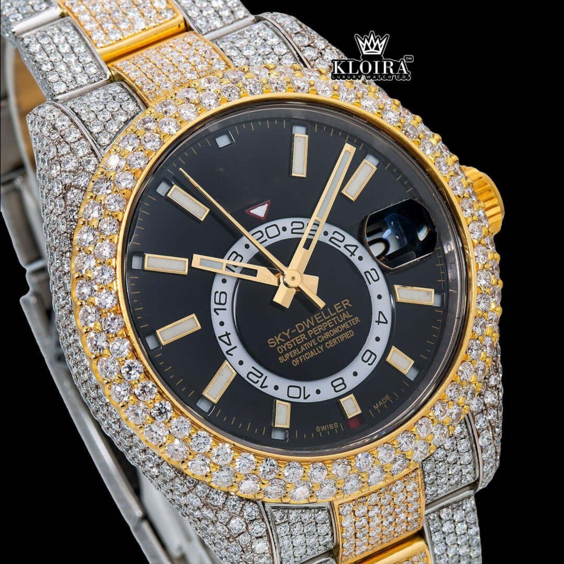 Yellow Bezel Black Dial Stick Markers Iced Out Moissanite Diamond Watch Close Up Dial View