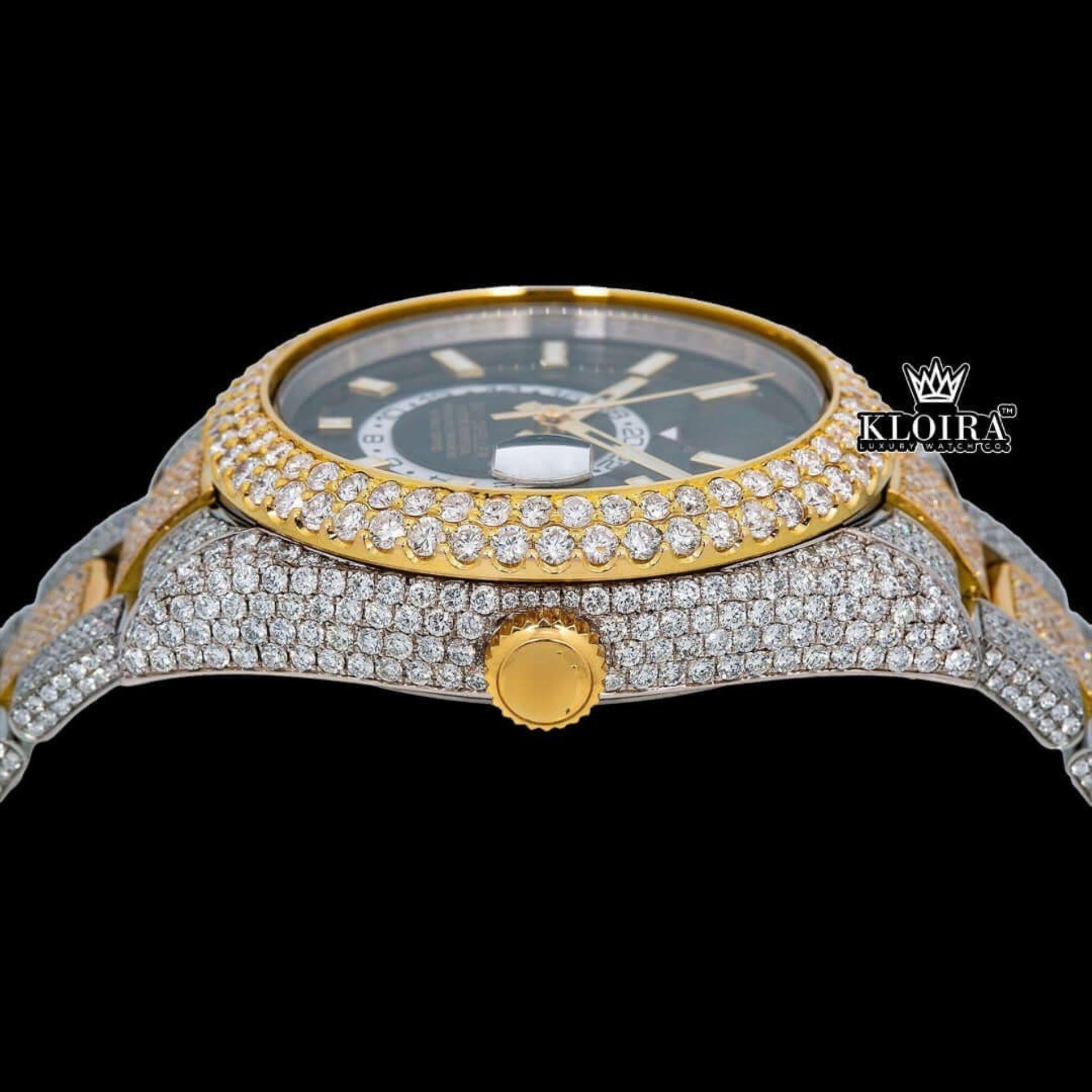 Yellow Bezel Black Dial Stick Markers Iced Out Moissanite Diamond Watch Crown View