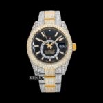 Yellow Bezel Black Dial Stick Markers Iced Out Moissanite Diamond Watch
