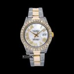 Yellow Bezel Roman Numerals White Dial Iced Out Moissanite Diamond Watch
