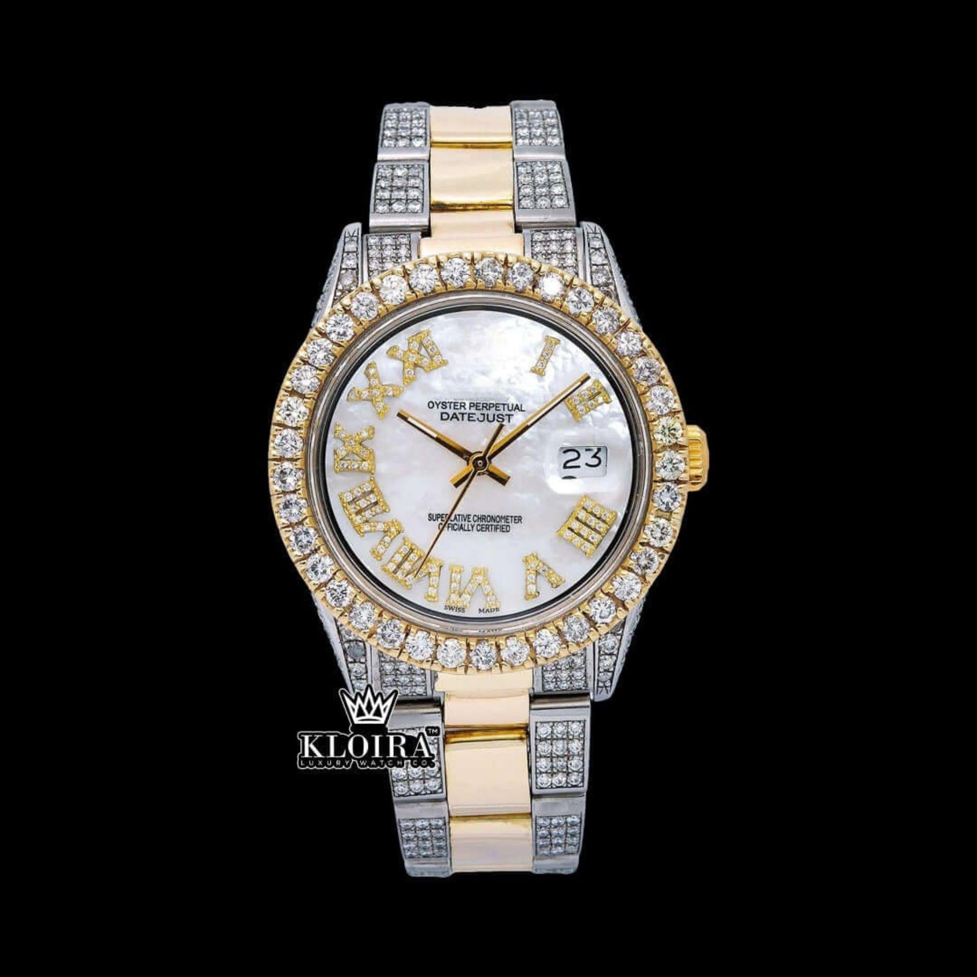 Yellow Bezel Roman Numerals White Dial Iced Out Moissanite Diamond Watch Front View