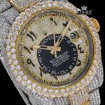 Yellow Dial Arabic Numerals Two Tone Iced Out Moissanite Diamond Watch Close Up Dial View