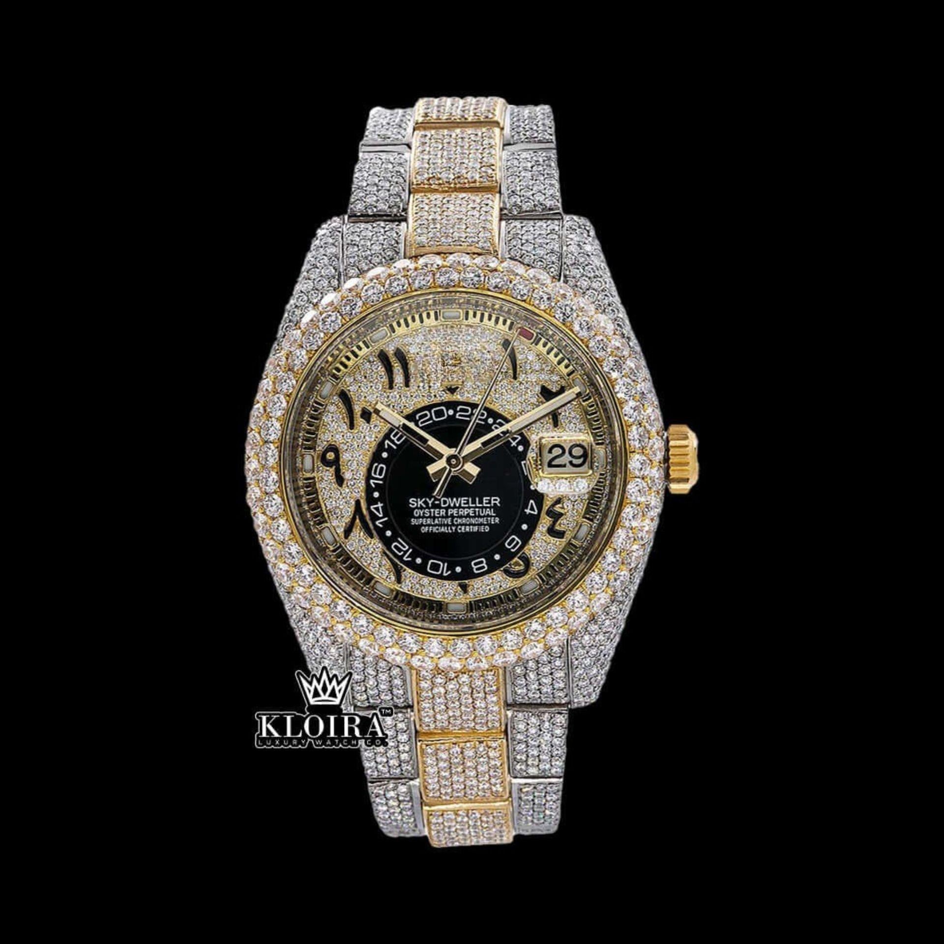 Yellow Dial Arabic Numerals Two Tone Iced Out Moissanite Diamond Watch Front View