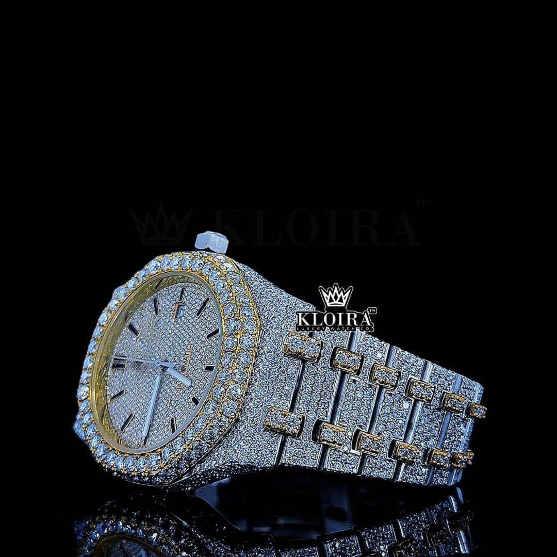 Yellow Dial Black Stick Markers Two Tone Iced Out Moissanite Diamond Watch Close Up Left Profile View