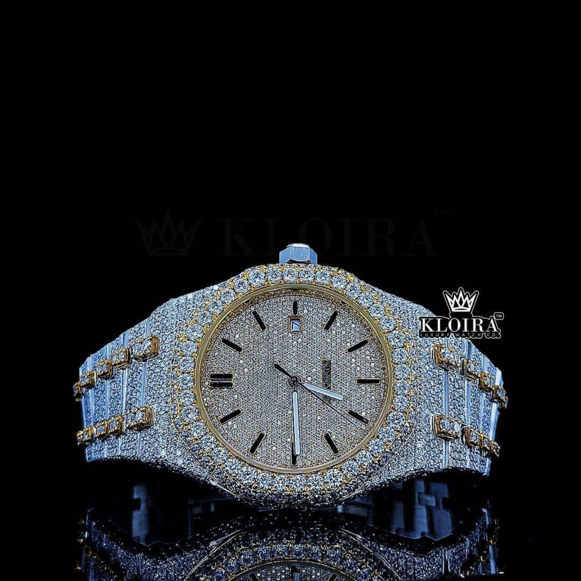 Yellow Dial Black Stick Markers Two Tone Iced Out Moissanite Diamond Watch Front View