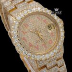 Yellow Dial Bust Down rose Gold Arabic Numeral Moissanite Diamond Watch Close Up Dial View