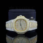 Yellow Dial Diamond Markers Two Tone Iced Out Moissanite Watch Close Up Front View