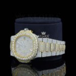 Yellow Dial Diamond Markers Two Tone Iced Out Moissanite Watch Left Profile View