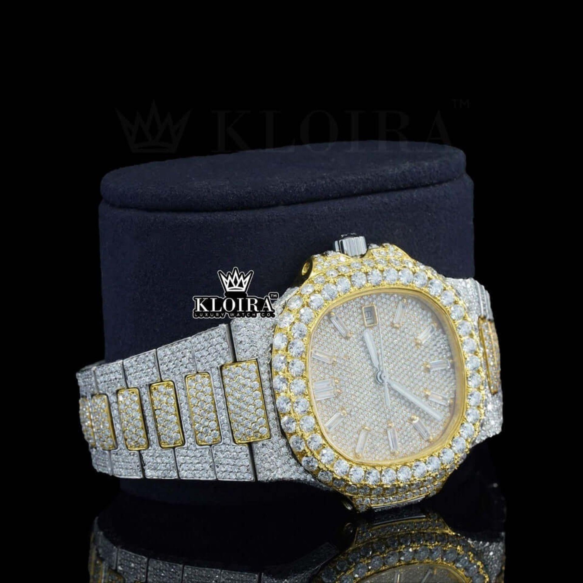 Yellow Dial Diamond Markers Two Tone Iced Out Moissanite Watch Right Profile View