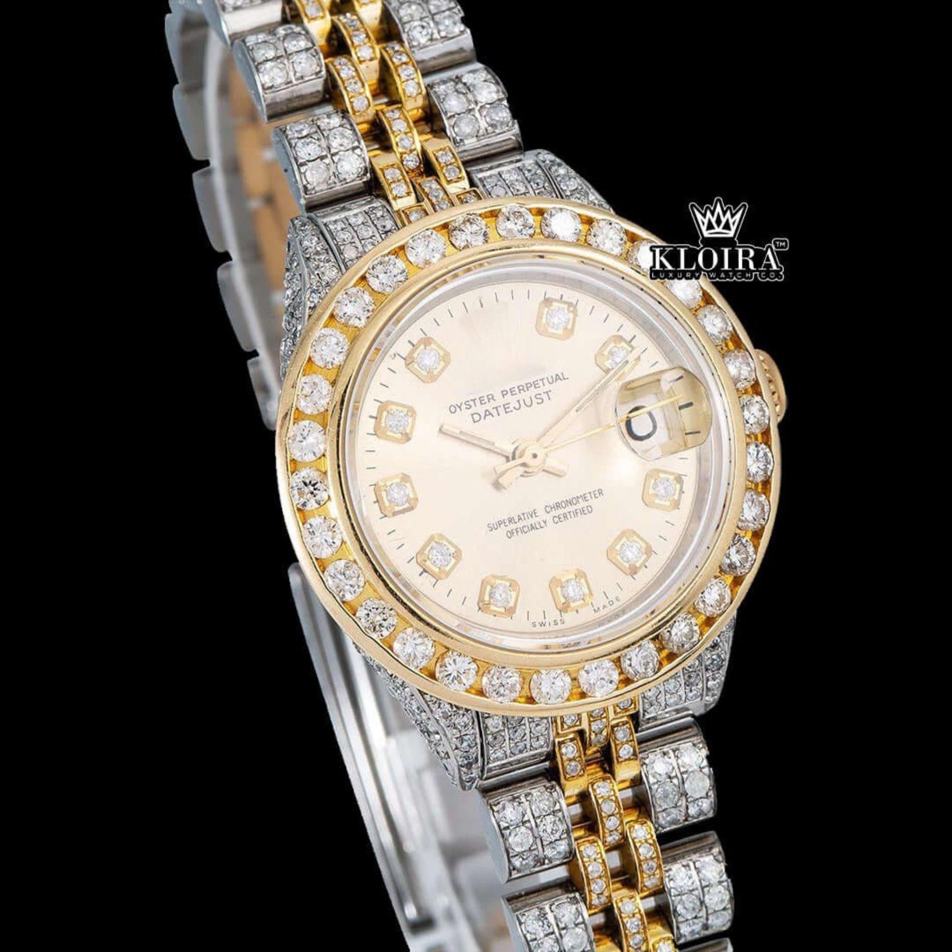 Yellow Dial Diamond Markers Two Tone Ladies Moissanite Watch Close Up Dial View