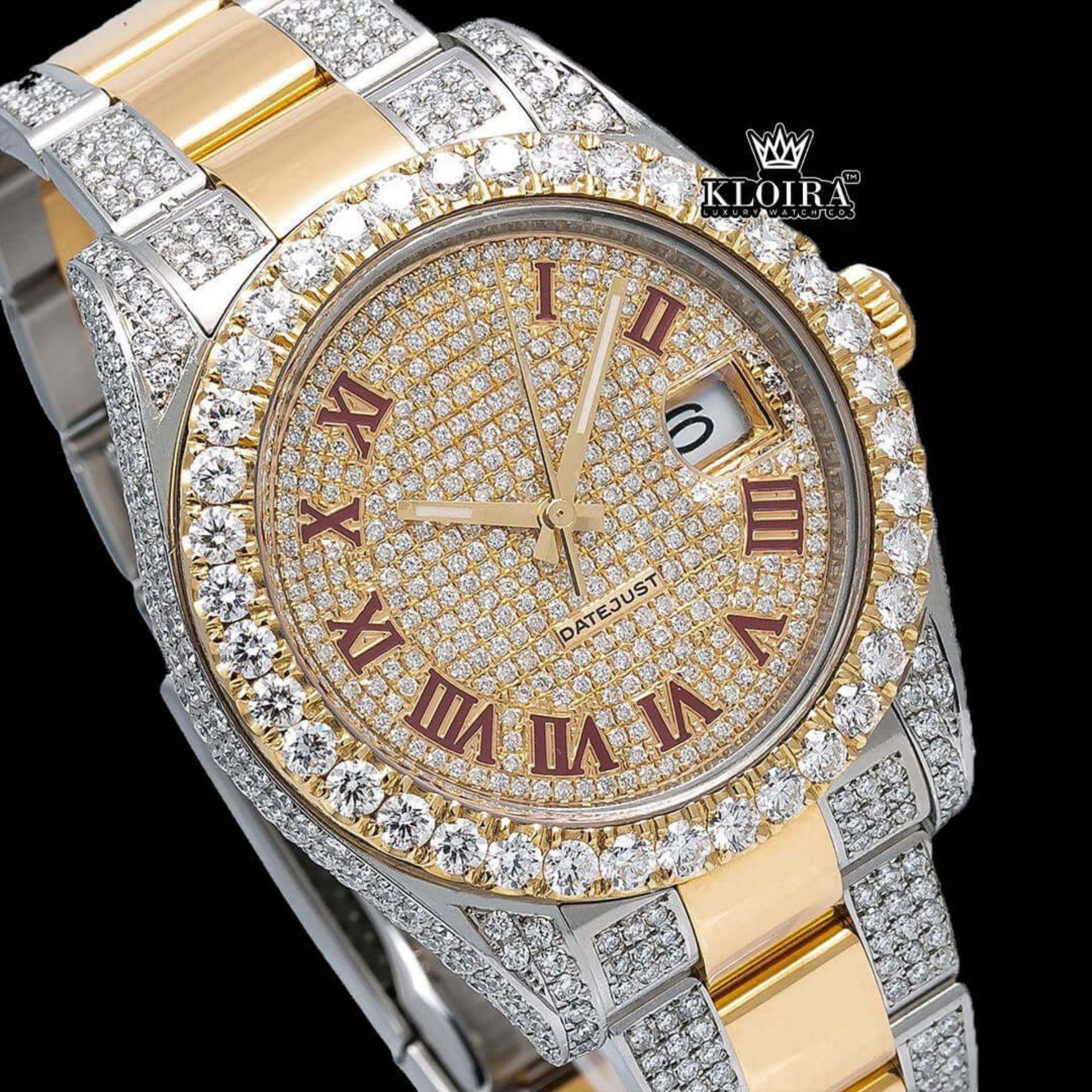 Yellow Dial Red Roman Numeral Moissanite Diamond Watch Close Up Dial View