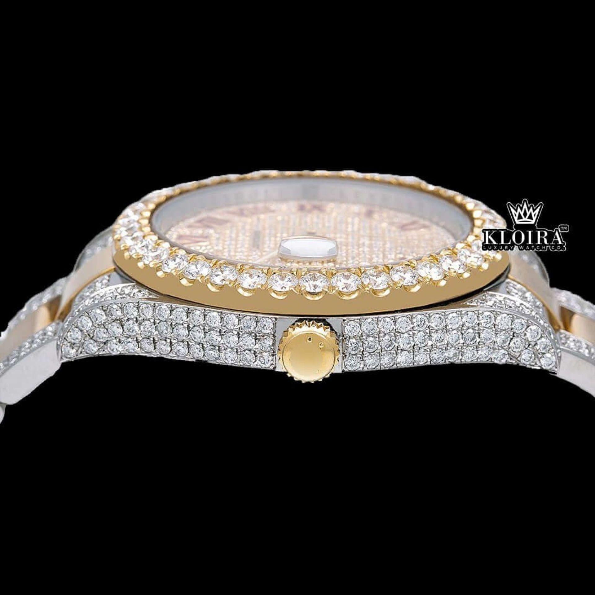 Yellow Dial Red Roman Numeral Moissanite Diamond Watch Crown View