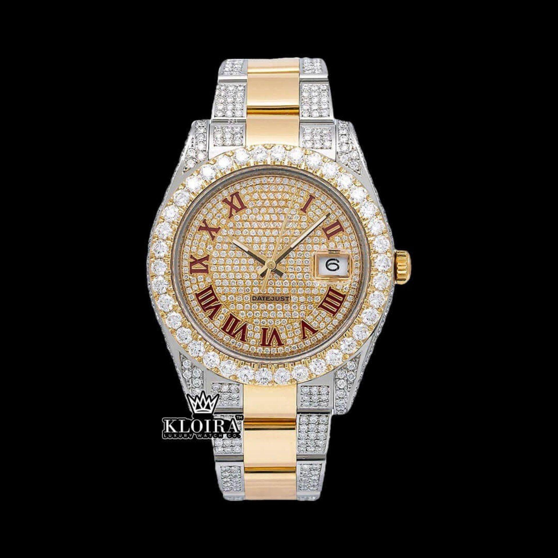 Yellow Dial Red Roman Numeral Moissanite Diamond Watch Front View