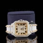 Yellow Dial Roman Numerald Two Tone Moissanite Diamond Watch Close Up Front View