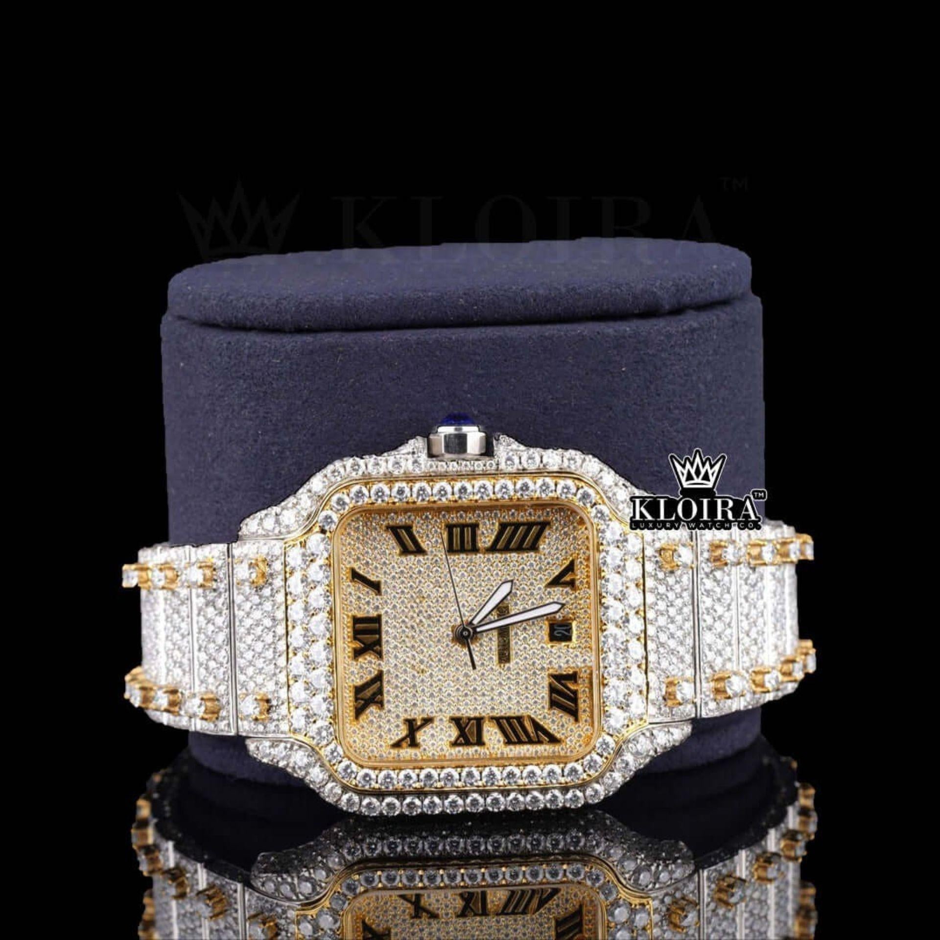 Yellow Dial Roman Numerald Two Tone Moissanite Diamond Watch Close Up Front View