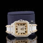 Yellow Dial Roman Numerals Two Tone Moissanite Diamond Watch Close Up Front View