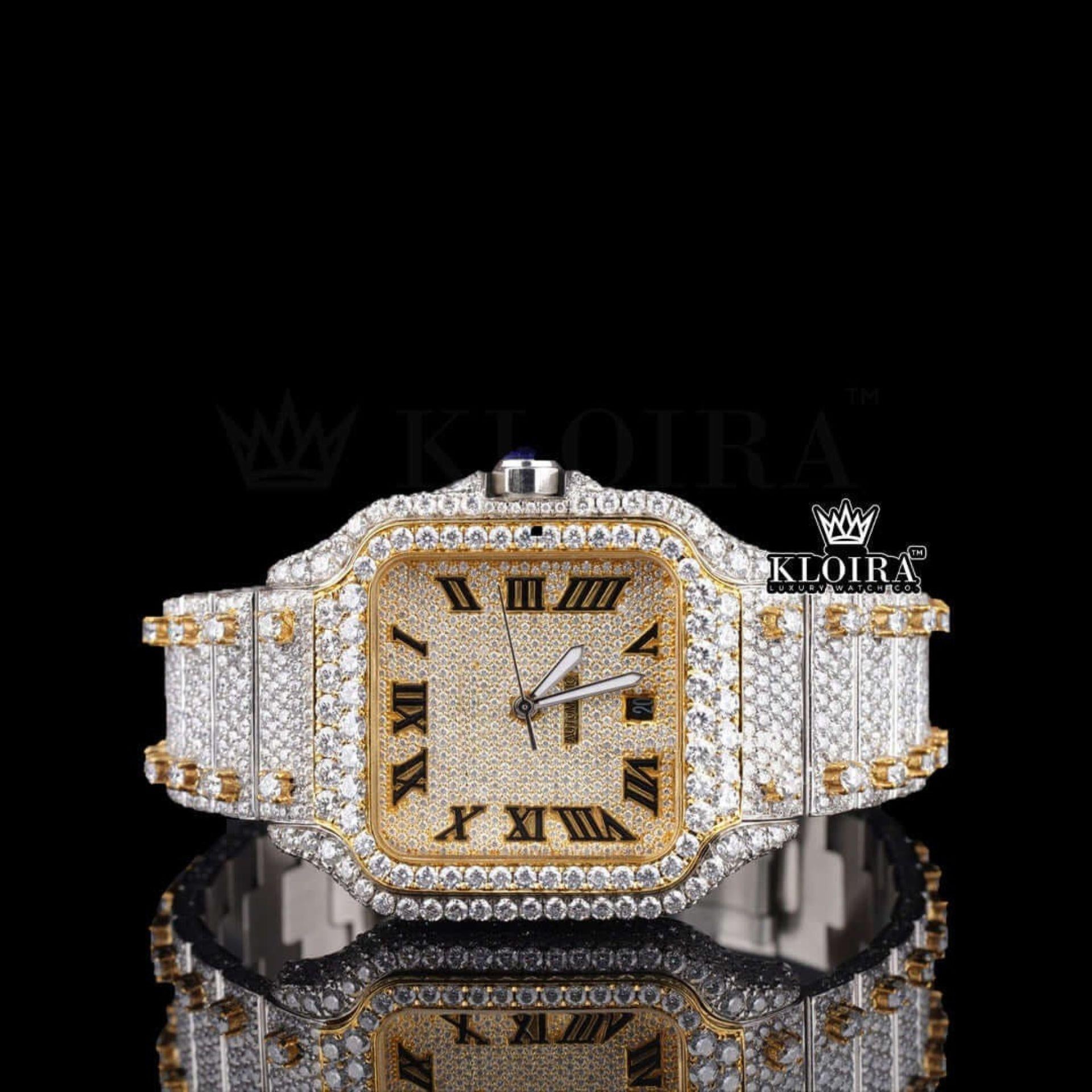 Yellow Dial Roman Numerals Two Tone Moissanite Diamond Watch Front View