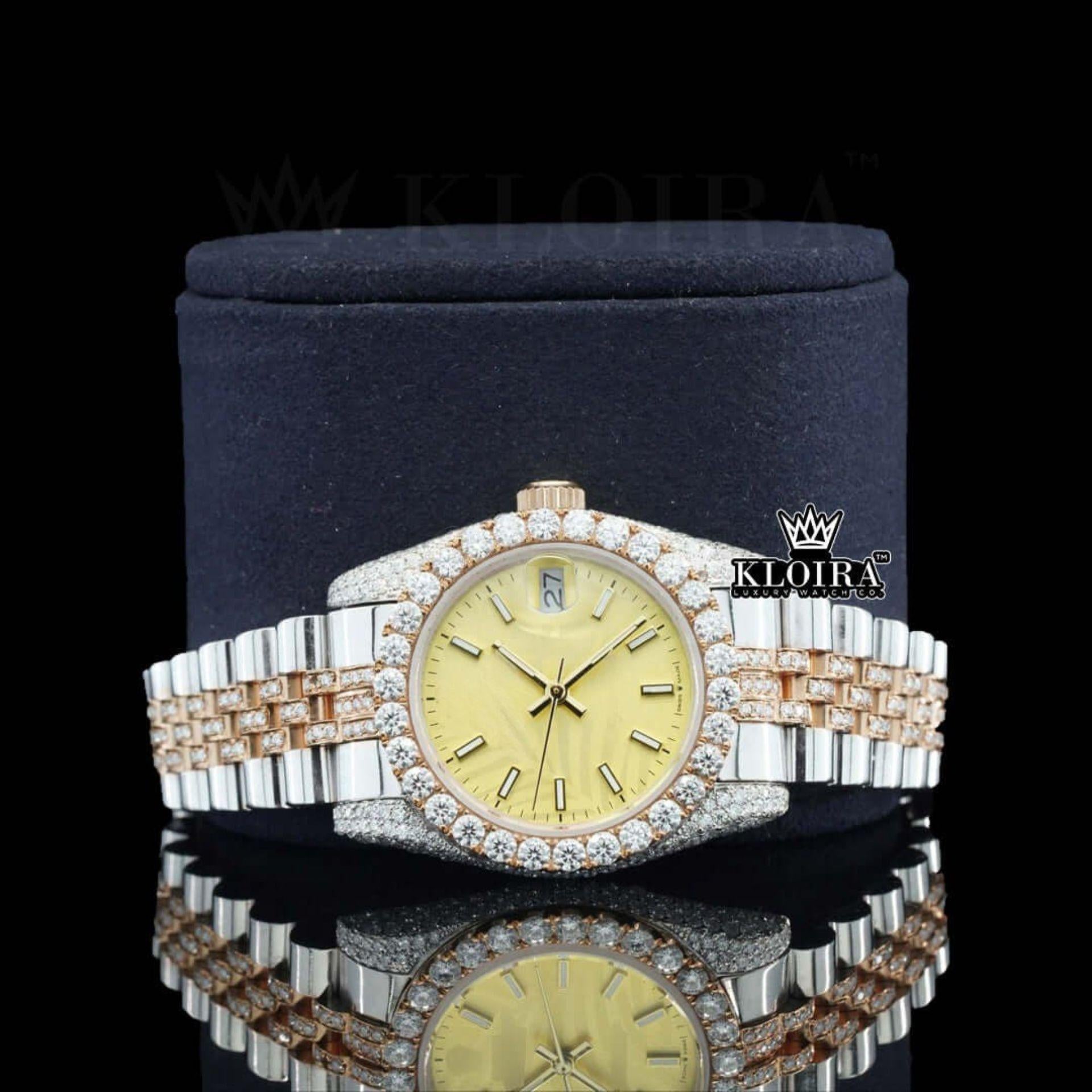 Yellow Dial Stick Markers Two Tone Rose Gold Moissanite Diamond Watch Close Up Front View