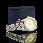 Yellow Dial Stick Markers Two Tone Rose Gold Moissanite Diamond Watch Right Profile View