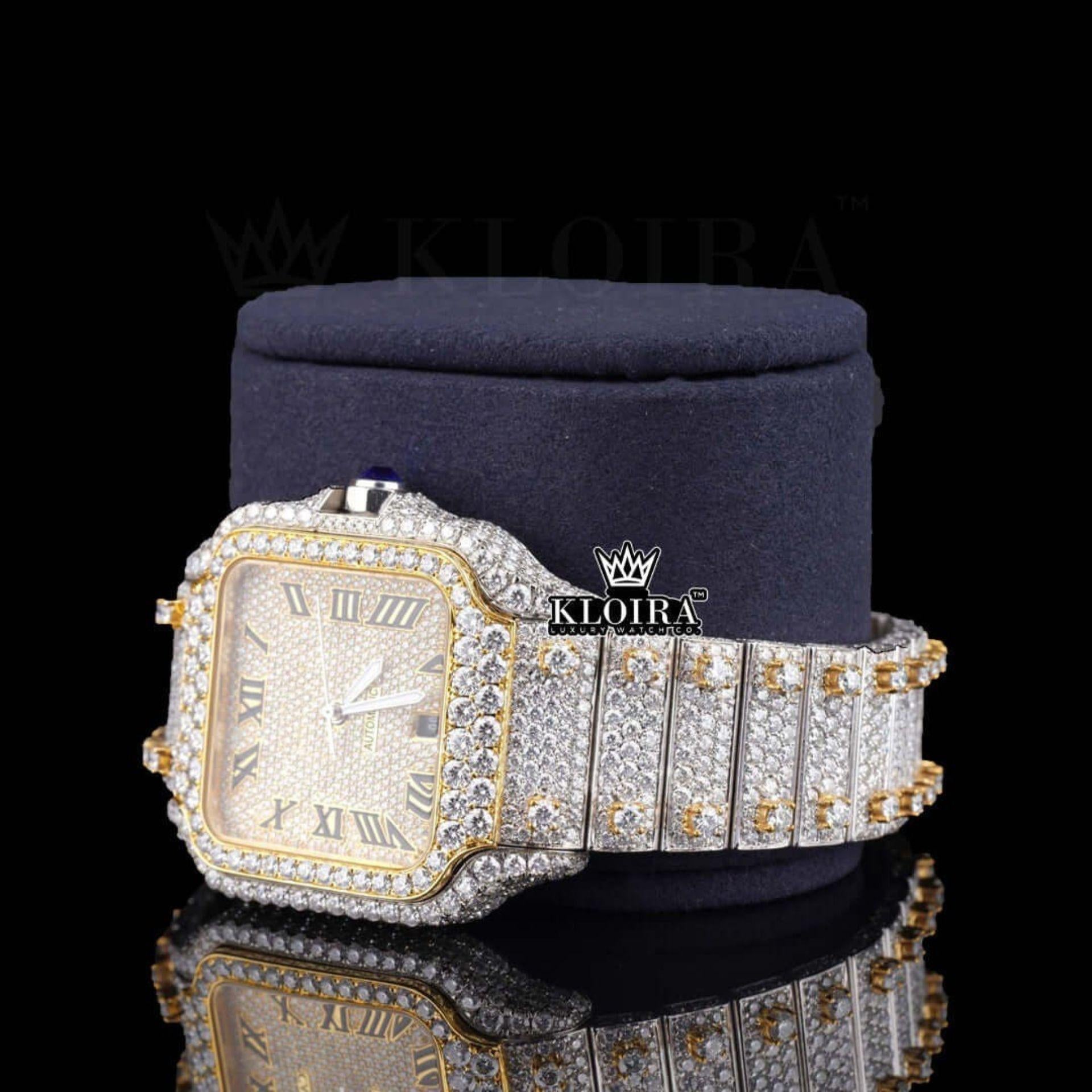 Yellow Dial Two Tone Roman Numeral Moissanite Diamond Watch Left Profile View