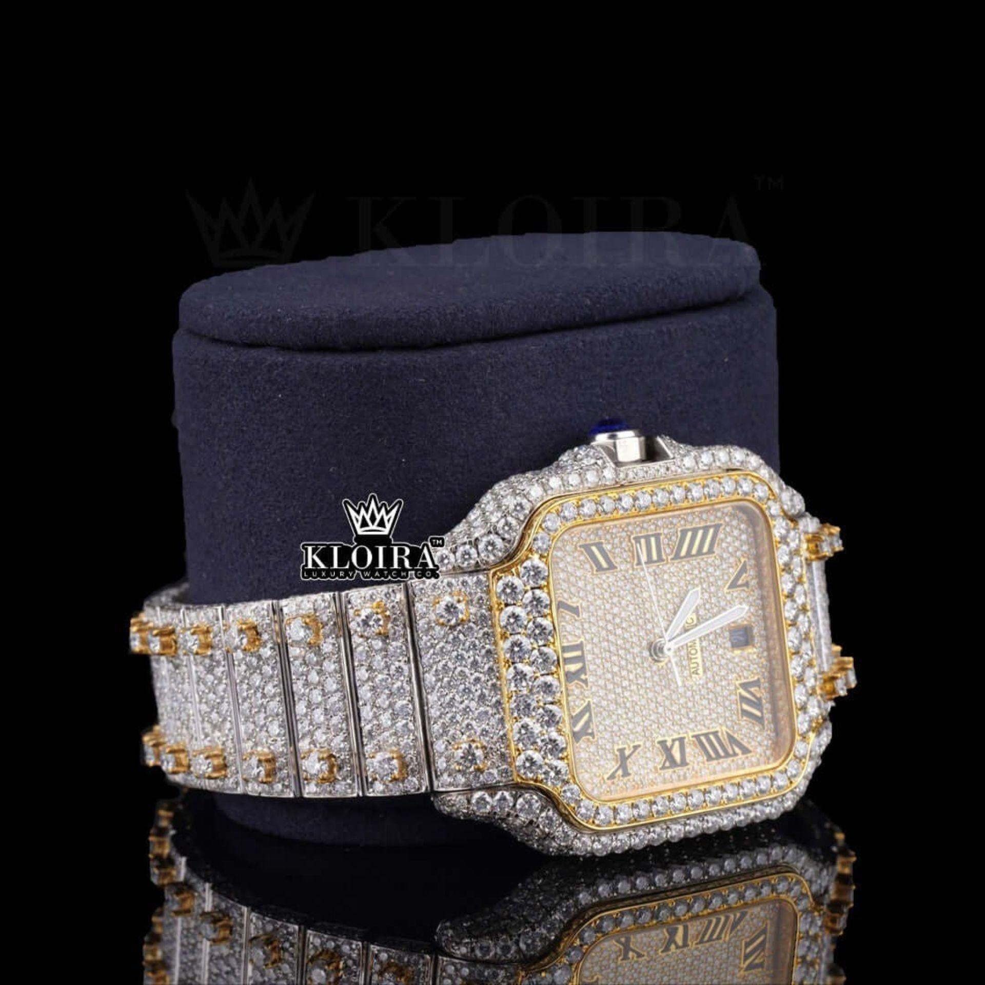Yellow Dial Two Tone Roman Numeral Moissanite Diamond Watch Right Profile View~