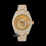 Yellow Dual Time Dial Standard Numerals Yellow Gold Iced Out Moissanite Watch