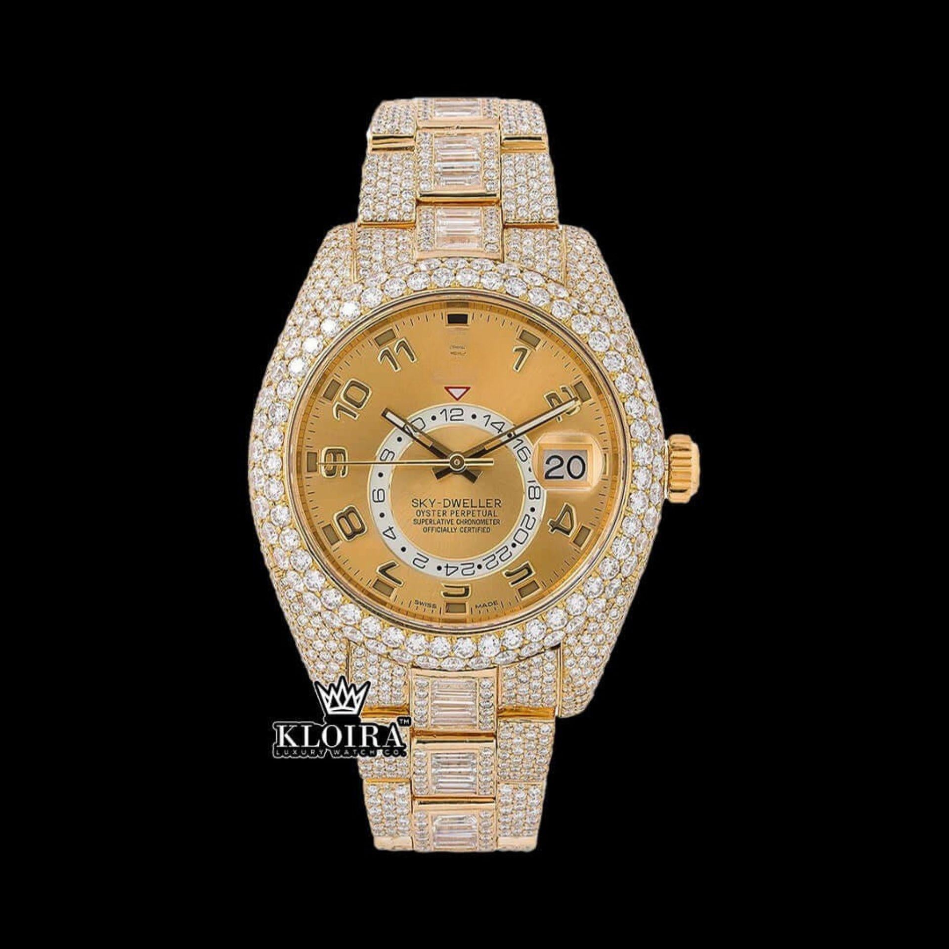 Yellow Dual Time Dial Standard Numerals Yellow Gold Iced Out Moissanite Watch Front View