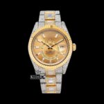 Yellow Dual Time Dial Stick Markers Two Tone Iced Out Moissanite Watch