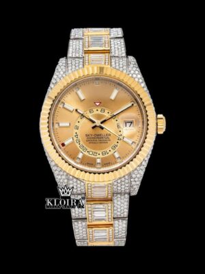 Yellow Dual Time Dial Stick Markers Two Tone Iced Out Moissanite Watch