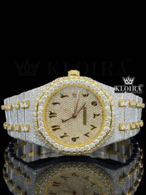 Yellow Gold Arabic Numerals Two Tone Fully Iced Out Moissanite Watch