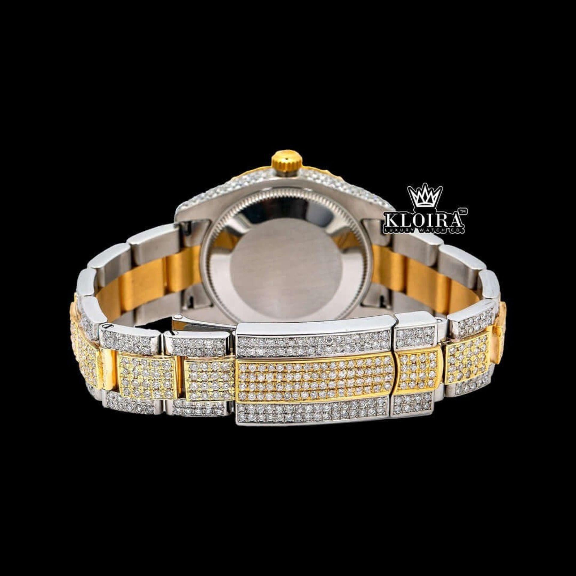 Yellow Gold Bezel Diamond Markers White Dial Two Tone Moissanite Watch Caseback View