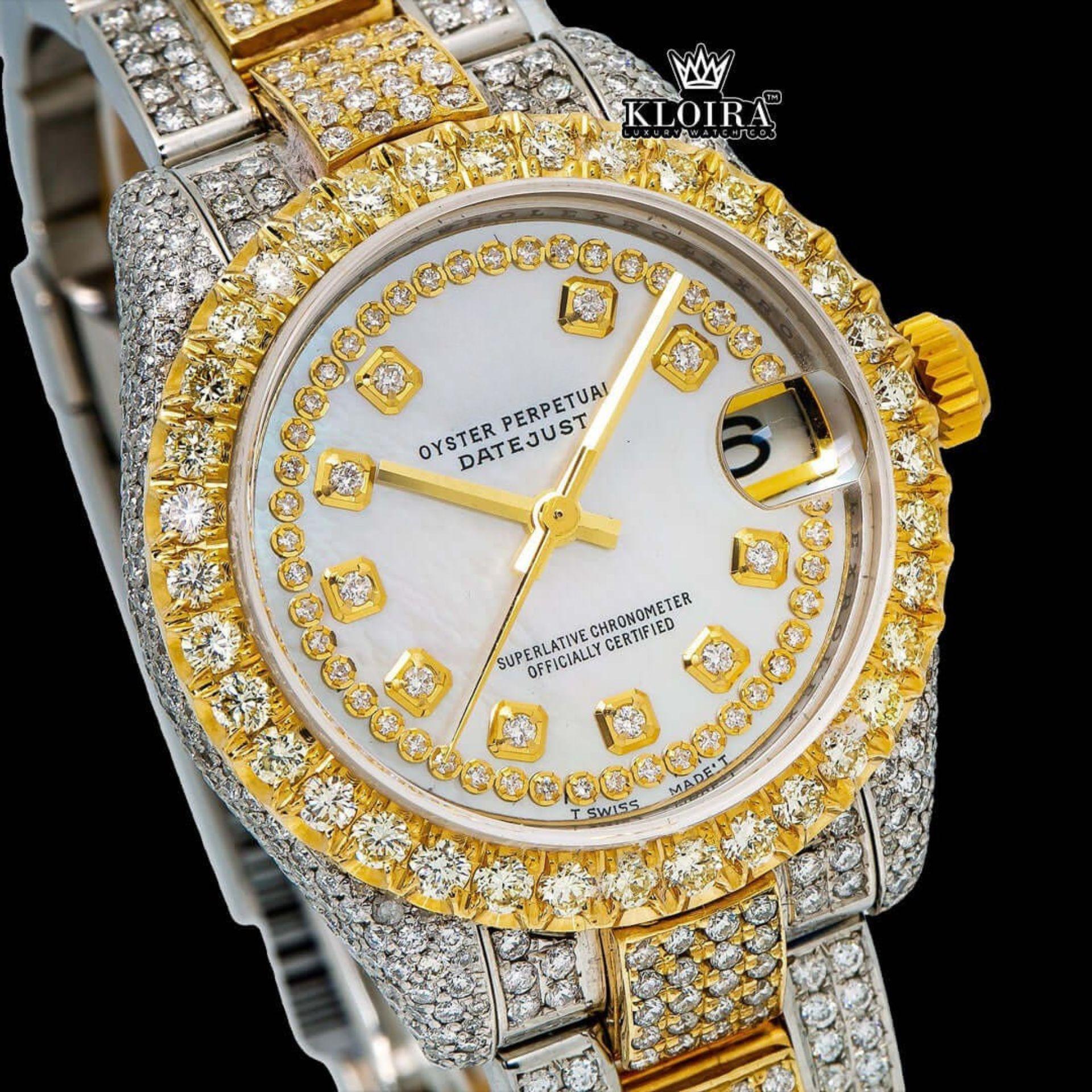 Yellow Gold Bezel Diamond Markers White Dial Two Tone Moissanite Watch Close Up Dial View