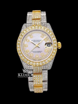 Yellow Gold Bezel Diamond Markers White Dial Two Tone Moissanite Watch