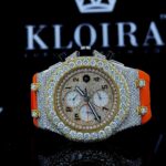 Yellow Gold Chronograph Dial Orange Rubber Strap Moissanite Watch