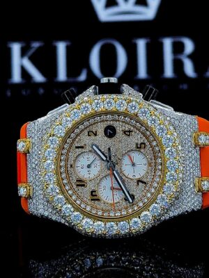 Yellow Gold Chronograph Dial Orange Rubber Strap Moissanite Watch