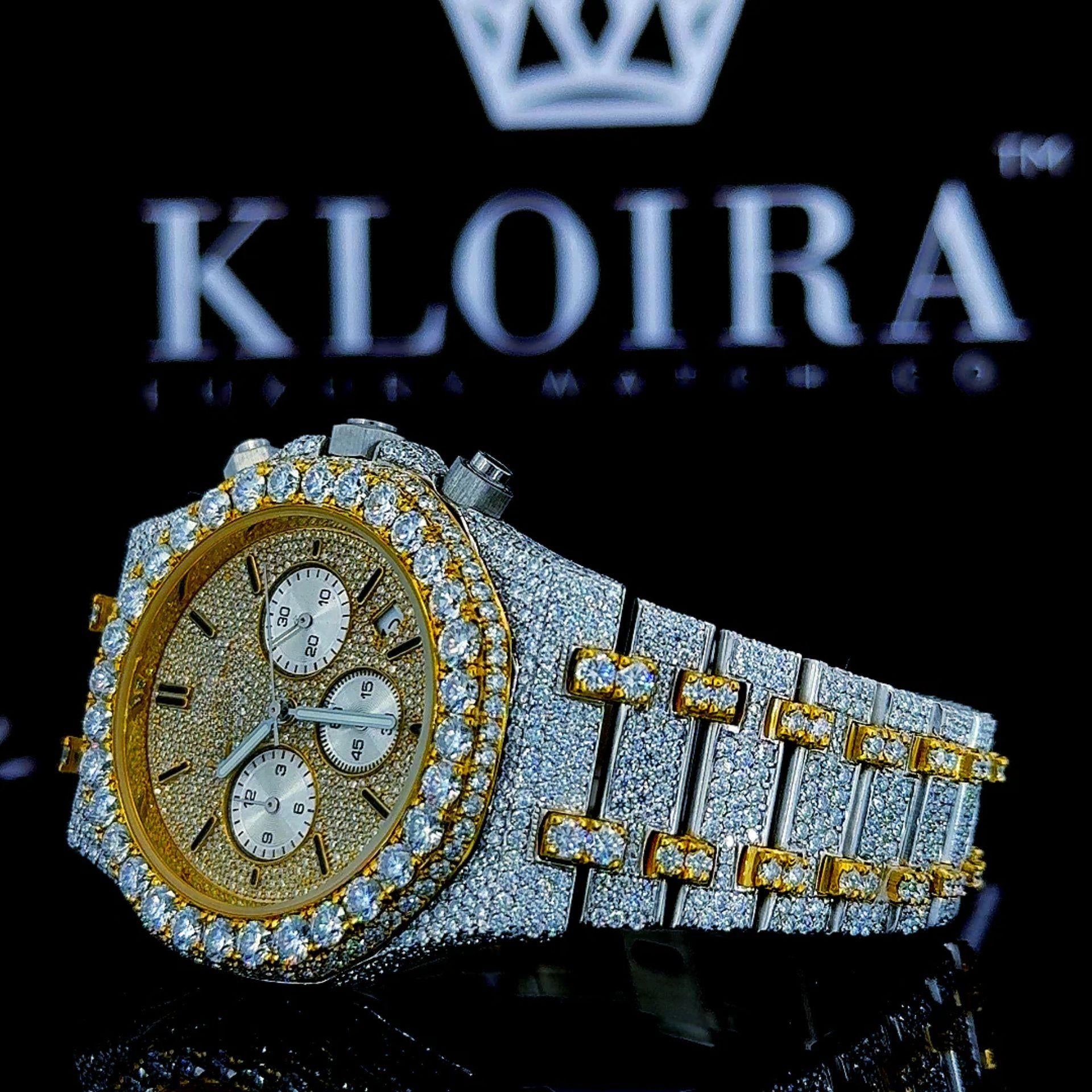 Yellow Gold Chronograph Dial Stick Markers Two Tone Moissanite Watch Left Profile View