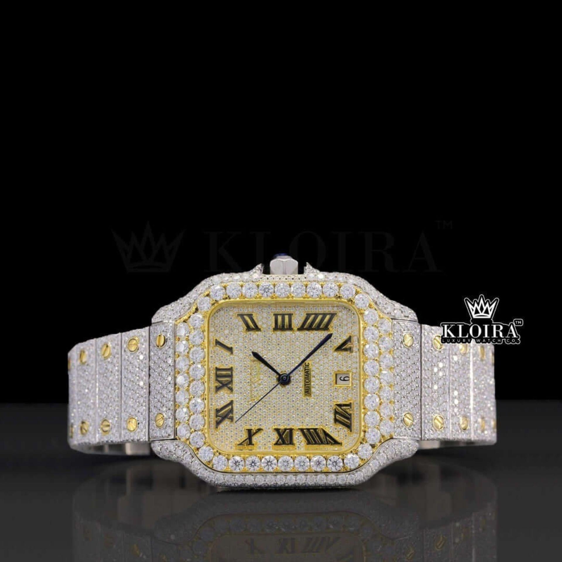 Yellow Gold Dial Black Roman Numerals Two Tone Natural Diamond Watch Front View