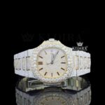 Yellow Gold Dial Black Stick Markers Two Tone Iced Out Moissanite Watch