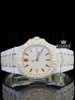 Yellow Gold Dial Black Stick Markers Two Tone Iced Out Moissanite Watch
