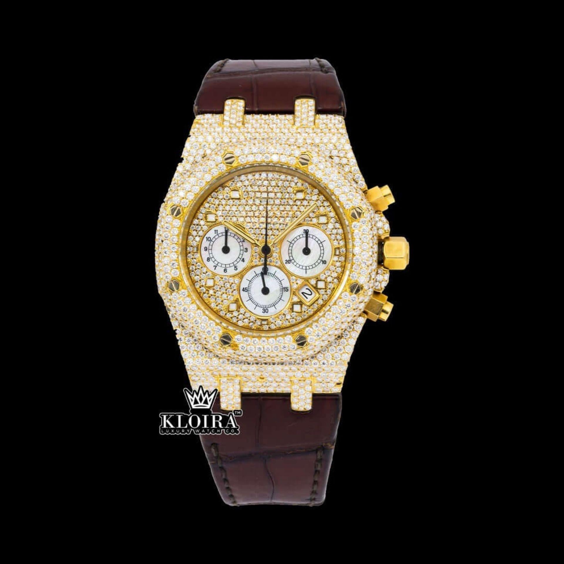 Yellow Gold Dial Brown Leather Strap Moissanite Diamond Watch Front View